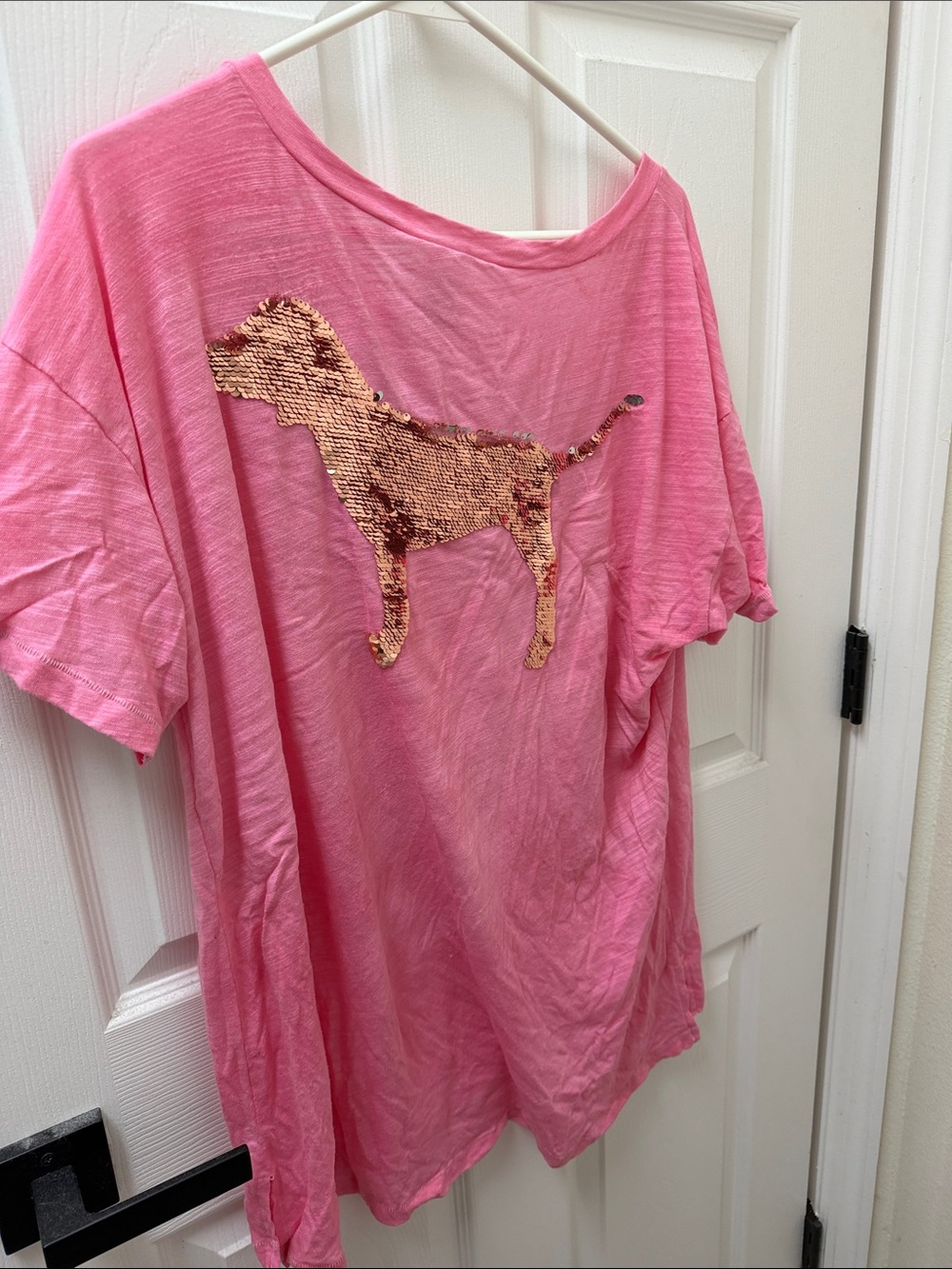 PINK Victoria's Secret Bubblegum Pink Tee with Gold Sequin Dog